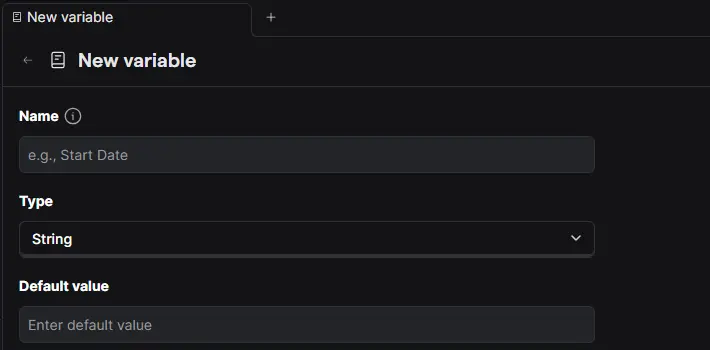 PostHog New variable form with fields for name, type, and default value