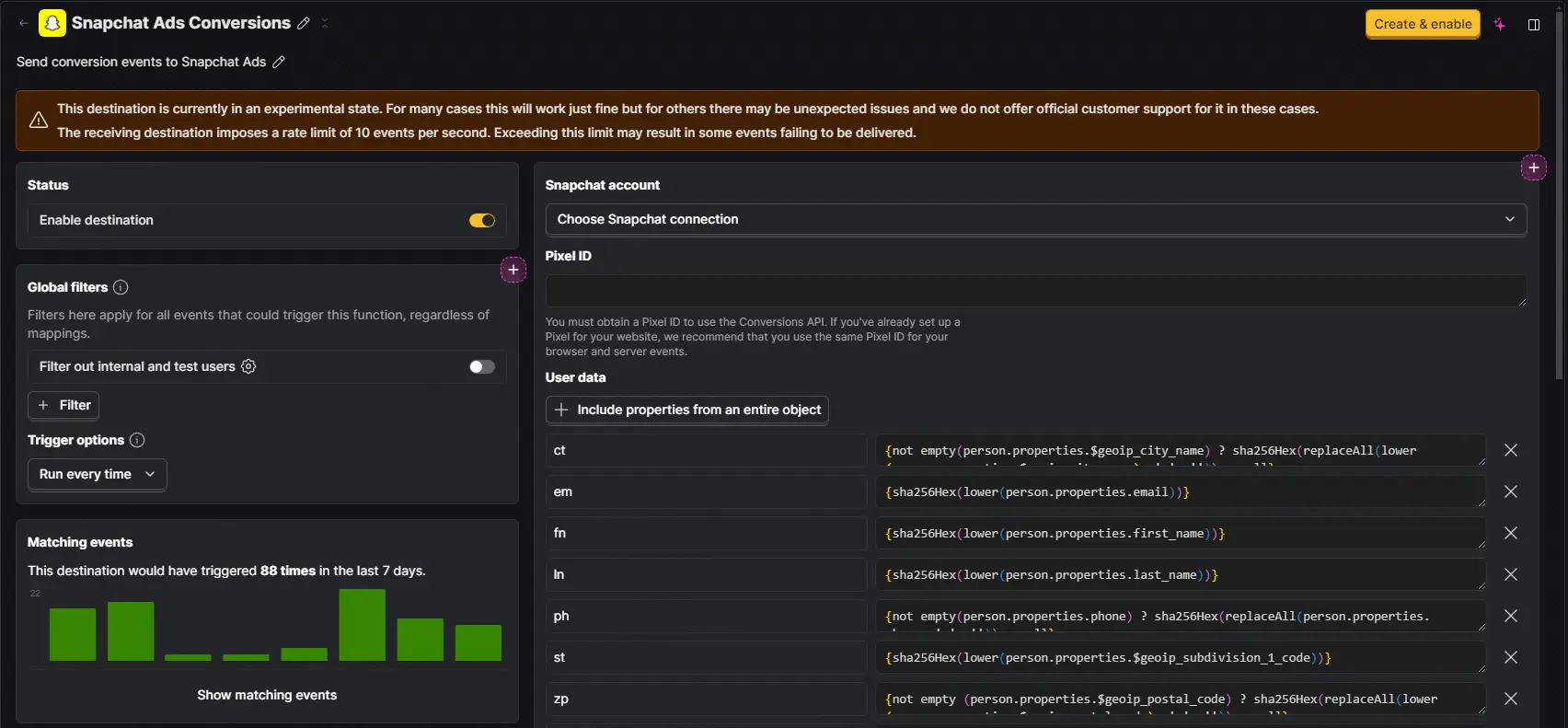 PostHog Snapchat Ads Conversions destination settings with account, Pixel ID, and user data fields